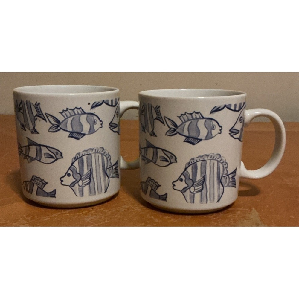 Vintage Newcor Stoneware Coffee Mugs Blue‎ Fish Underwater Costal Mug Set Of 2